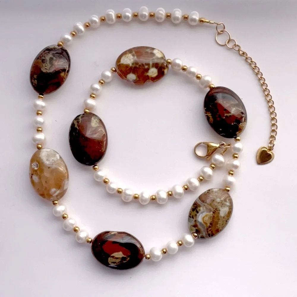 🟥Brand New Pearl & Flower Agate Necklace Handcrafted